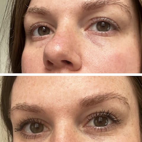 Before and after with bare lashes and a photo of tester wearing colorescience Total Lash™ Mascara 