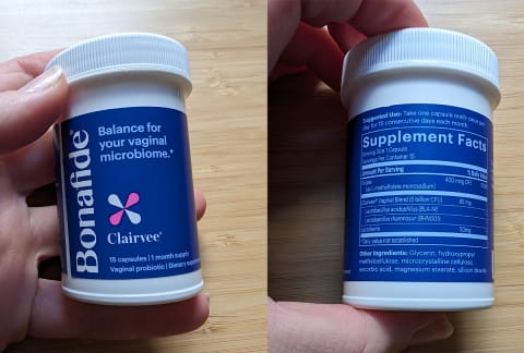 clairvee front and back of bottle side-by-side with ingredient list