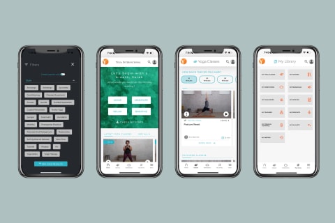 four screenshots of yoga international app