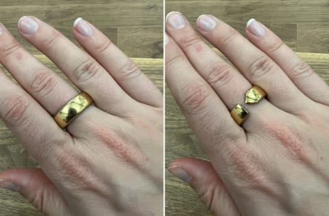 Evie ring on woman's hand styled two ways