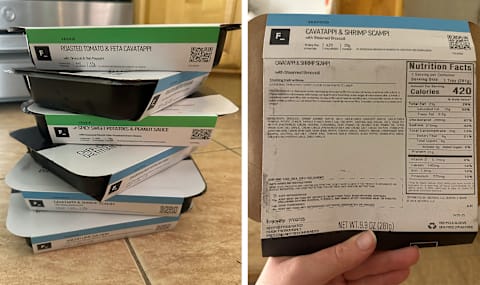 Photo of entrees stacked next to picture of packaging