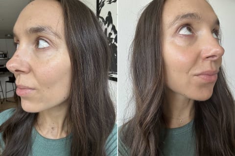 two photos of editor's skin after using the day cream