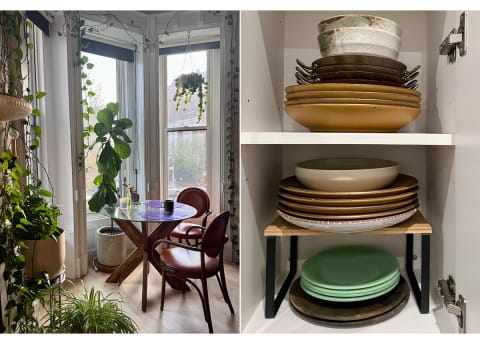 minimalist dining area and kitchen with organized shelving