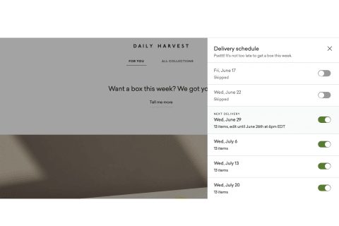Image of Daily Harvest website with toggle for cancelling orders