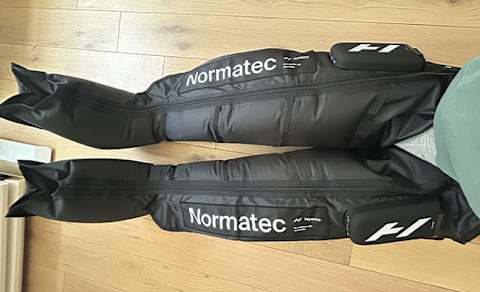 normatec elite boots on writer's legs