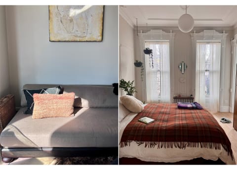 sunlit living room and bedroom in muted tones