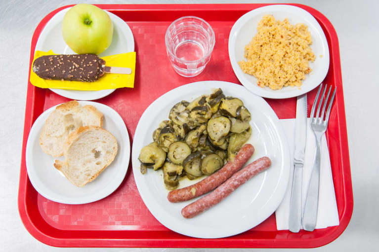 french school lunches with tabouleh sausages and ice cream