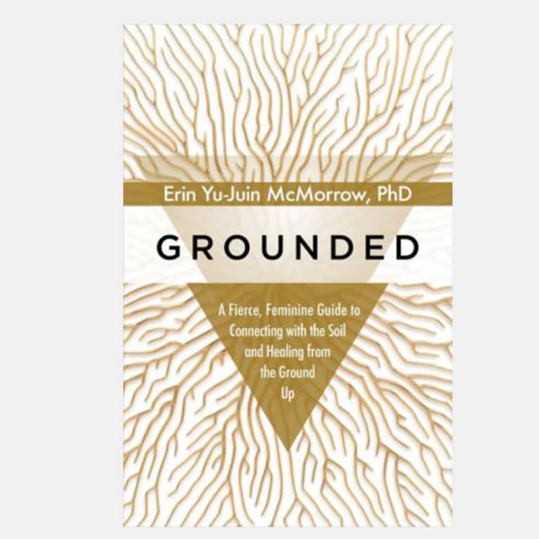 Book titled Grounded with a white background and gold triangle, with gold roots coming in every direction.