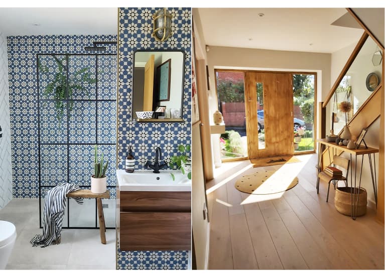 bathroom with wood vanity; sunny entryway bathroom with wood vanity; sunny entryway