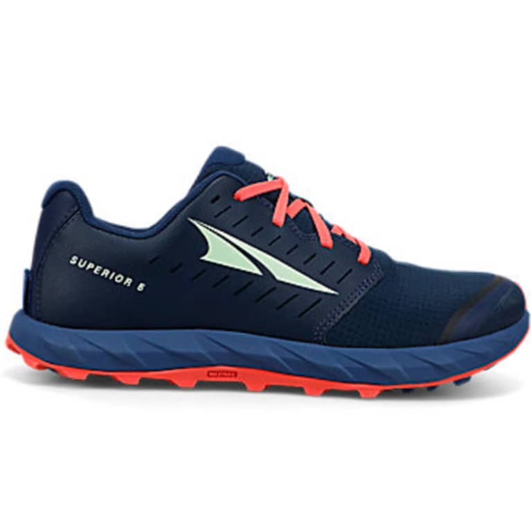 Navy blue trail running shoe with red laces and sole