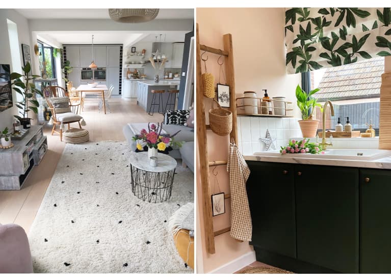 Light living room with light carpet; sunny bathroom with black vanity Light living room with light carpet; sunny bathroom with black vanity