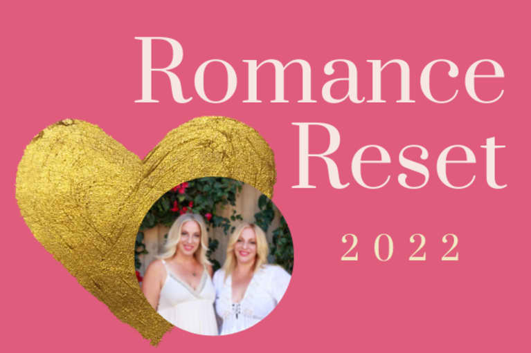 romance reset 2022 text on pink background with gold heart