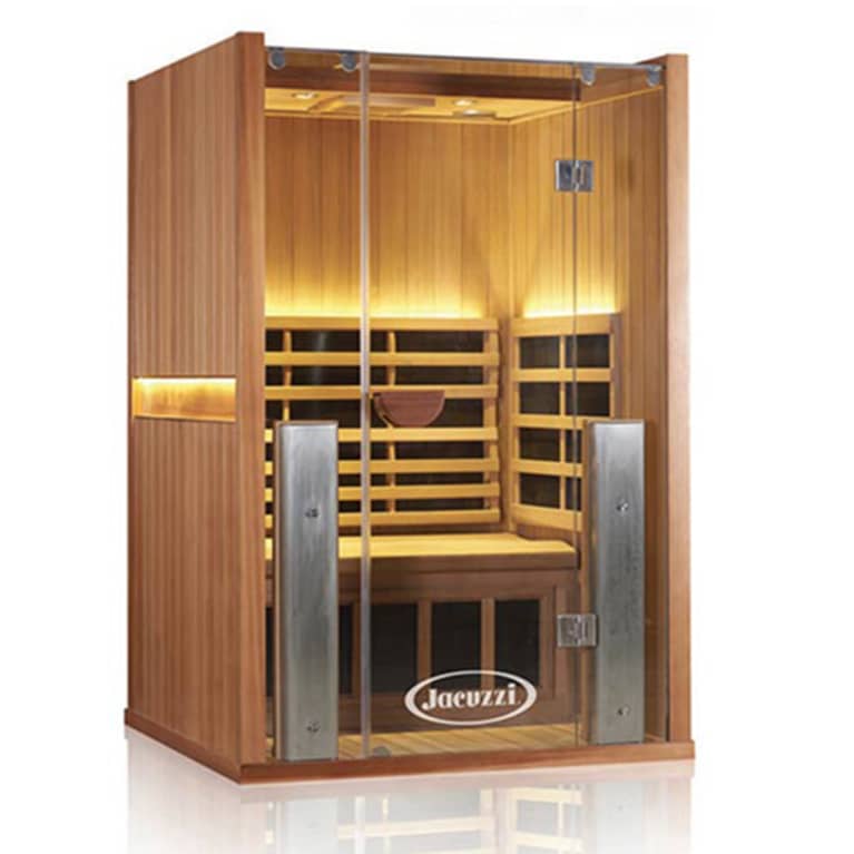 Wooden two-person sauna with interior lighting and bench