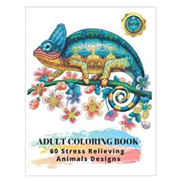 Adult Coloring Book 60 stress relieving animal designs cover with colorful chameleon
