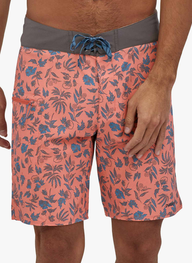men's swim trunks in pink and blue floral pattern