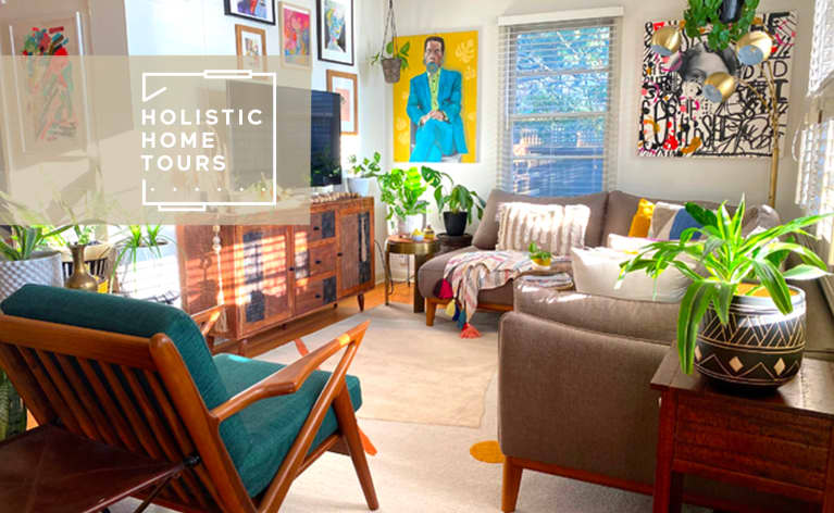 bright living room with walls covered in art