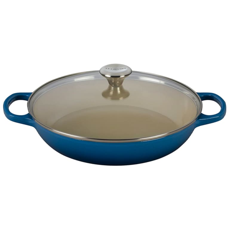 blue cast iron pan with glass lid