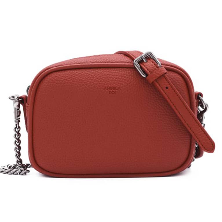 red vegan crossbody purse with silver chain
