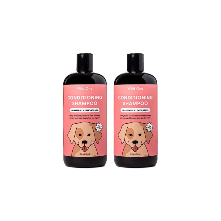 Two bottles of wild ones dog shampoo brown with a pink label