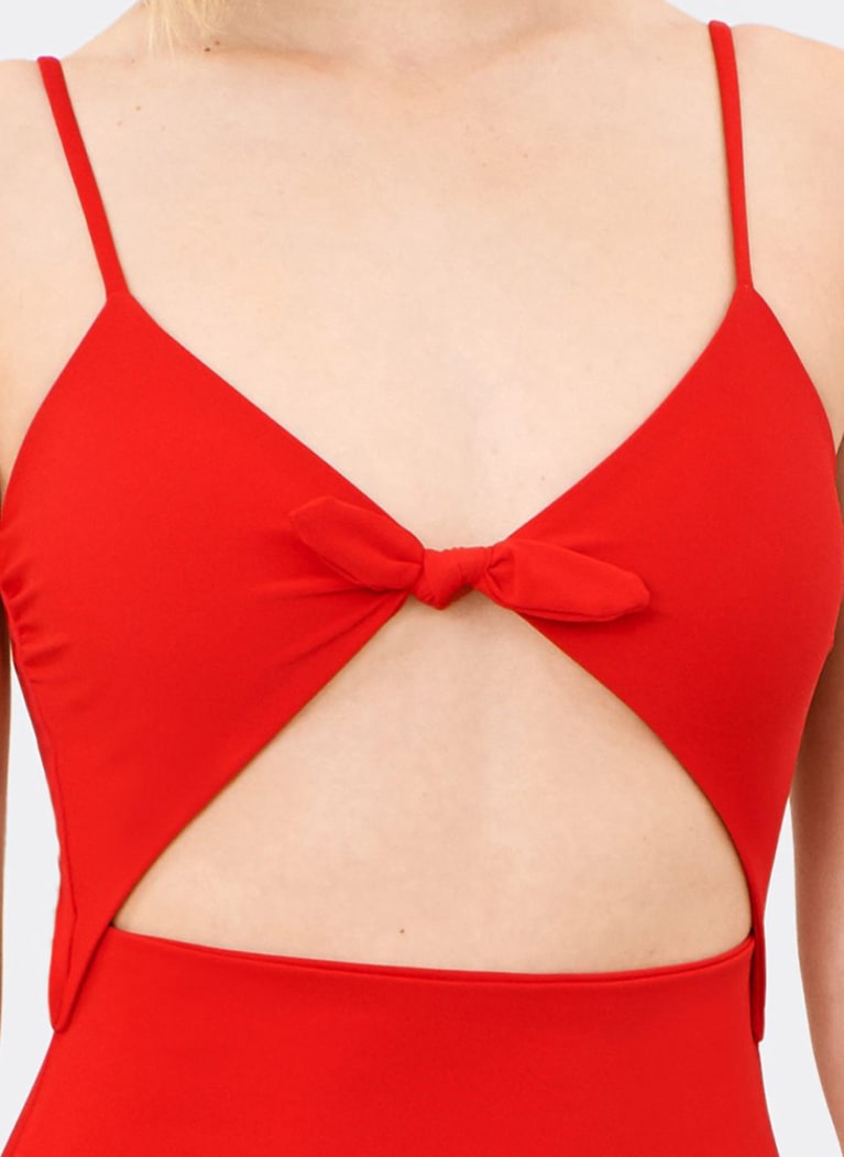 bright red one piece bathing suit with front tie detail