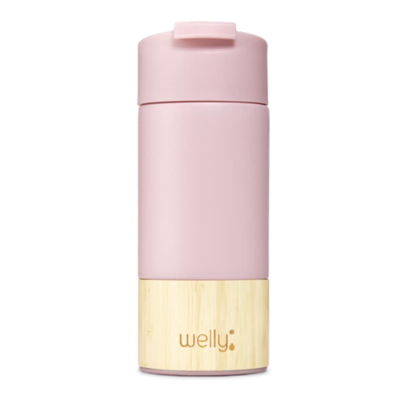 simple pink water bottle with wood base