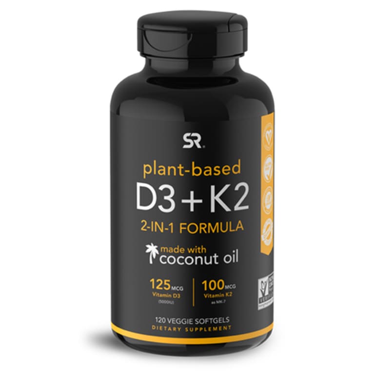 bottle of Sports Research plant-based D3 K2 supplement