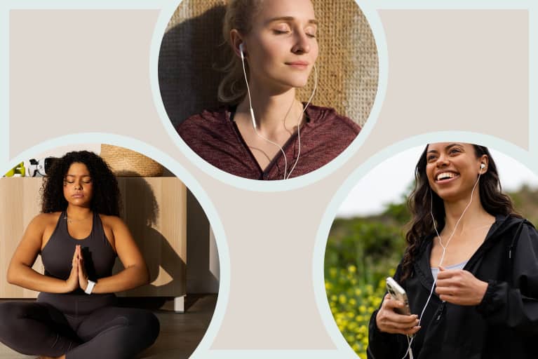 Photos of three women cropped into circles meditation with headphones and cell phone