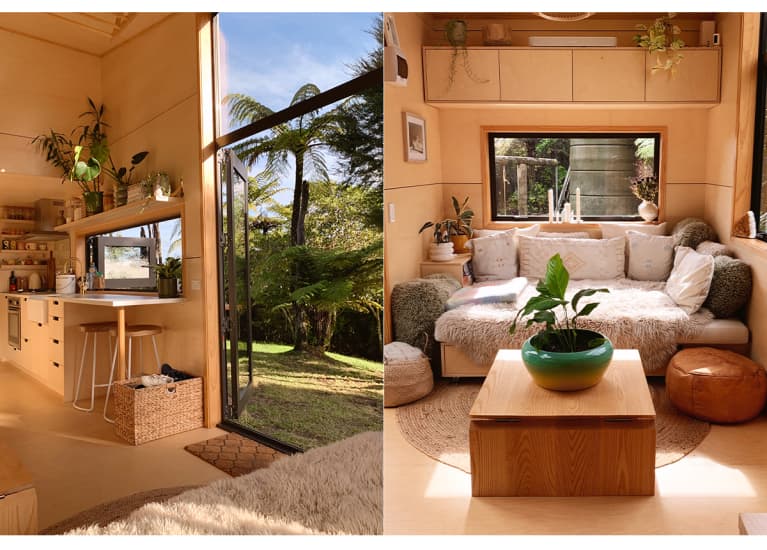 cozy daybed and kitchen in tiny home in the jungle