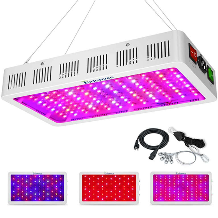 large hanging grow light with purple and pink bulbs
