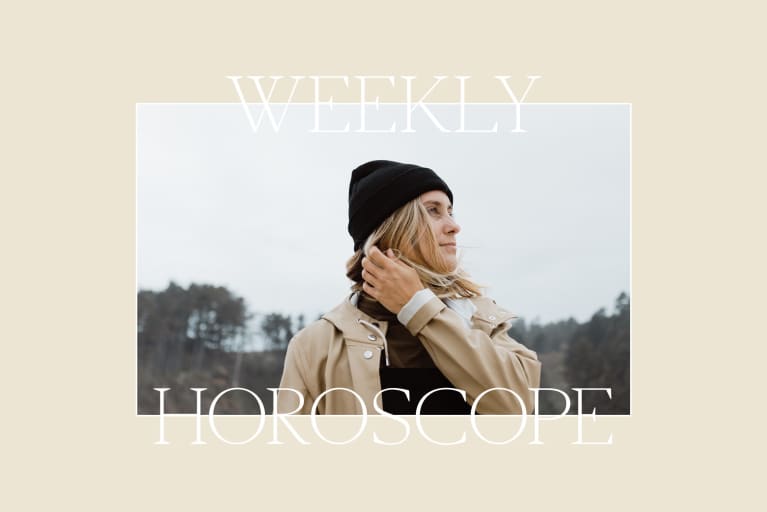 Blonde woman wearing black beanie looks out in the distance inside beige frame reading "weekly horoscope"
