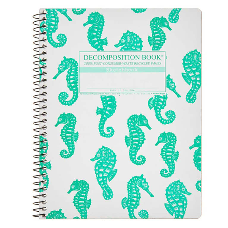 spiral bound journal with green seahorse print on cover