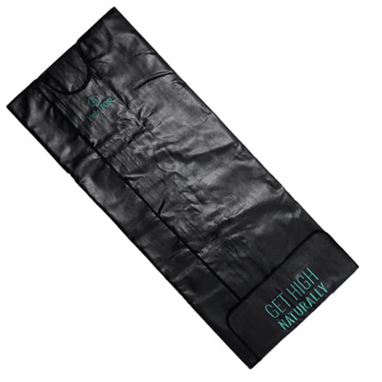 Black infrared sauna blanket with green writing