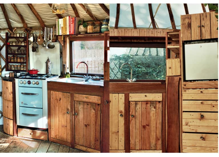 interior of a yurt wood kitchen
