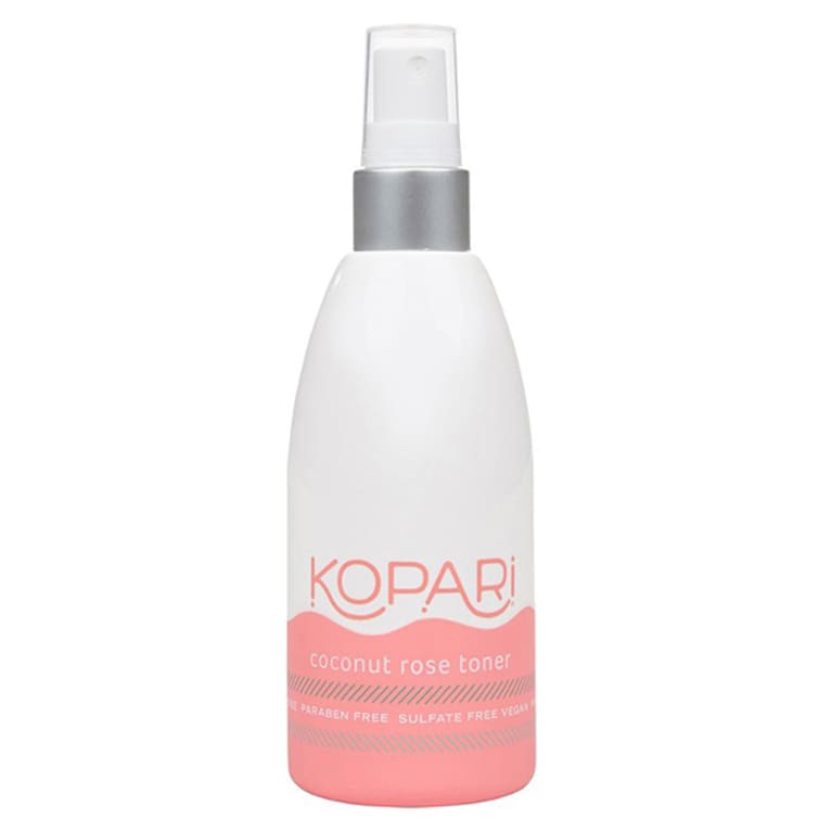 White spray bottle with pink logo 