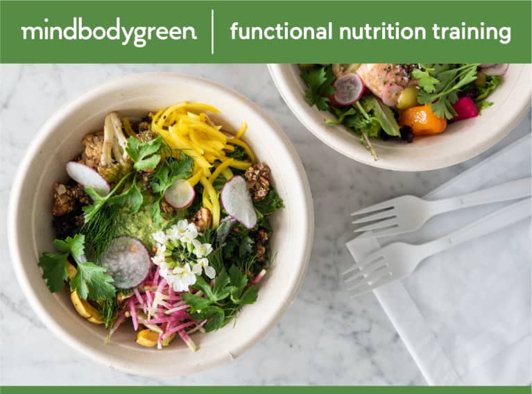 bowls of salad with mbg functional nutrition training logo above