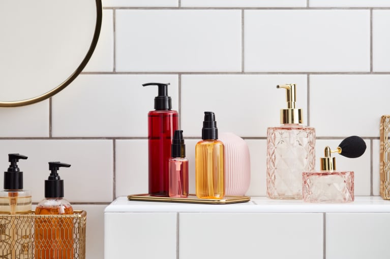 Simple Minimal Bathroom Counter with Beauty Products