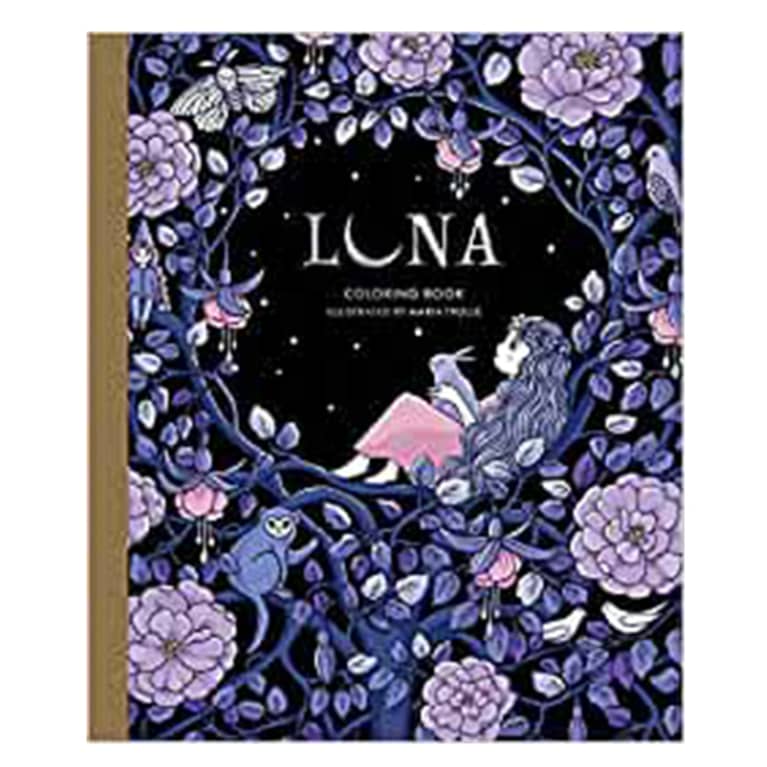 Luna coloring book cover with nighttime flower scene