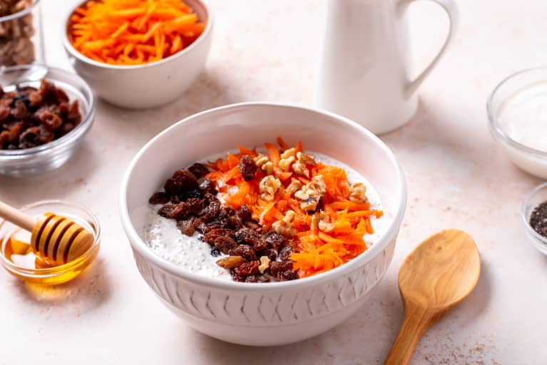 Carrot and raisins overnight oats with walnuts, high protein healthy breakfast
