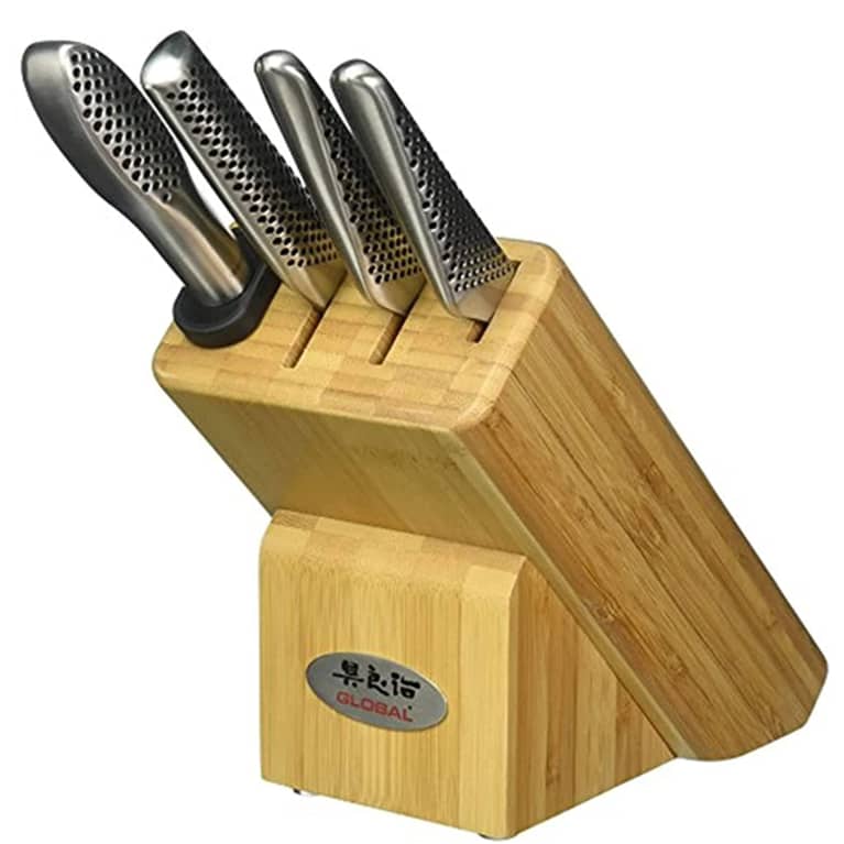 wooden block with knives and knife sharpener