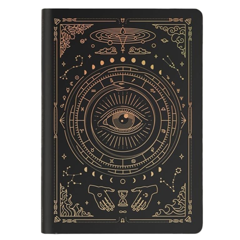 mystical black notebook with symbols on cover