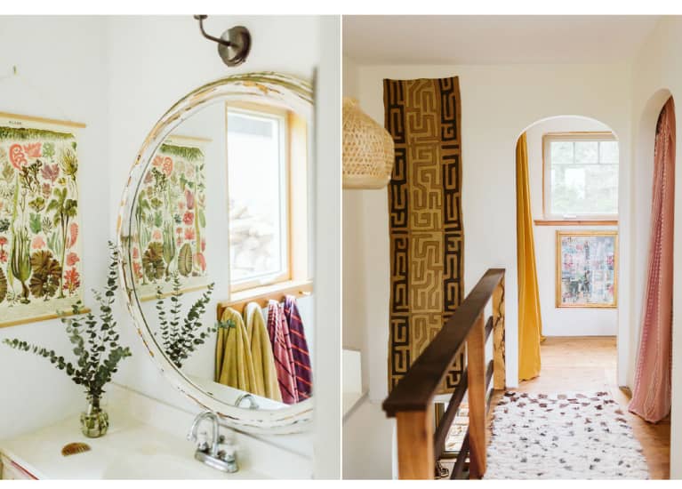 side by side images of home hallway and bathroom mirror