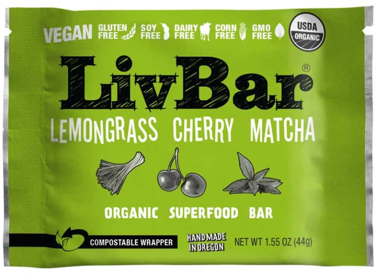 Lime green LivBar packaging for a lemongrass cherry and matcha flavored bar, illustrations of each ingredient in black and white.