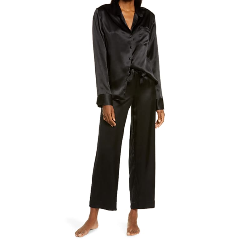 Black button down silk pajama top with silk pants