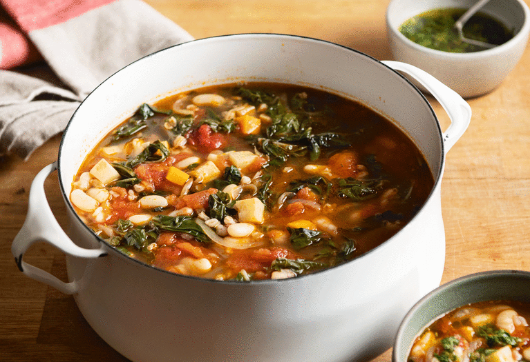 faro and white bean soup with leafy greens