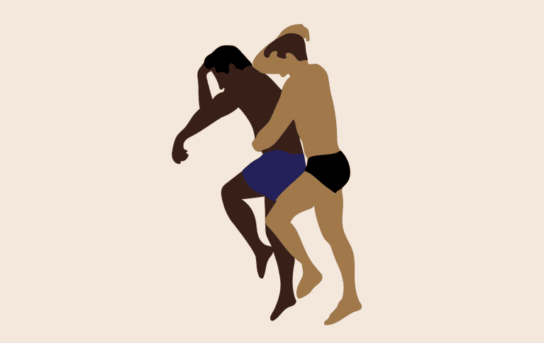 Illustration of two men spooning.
