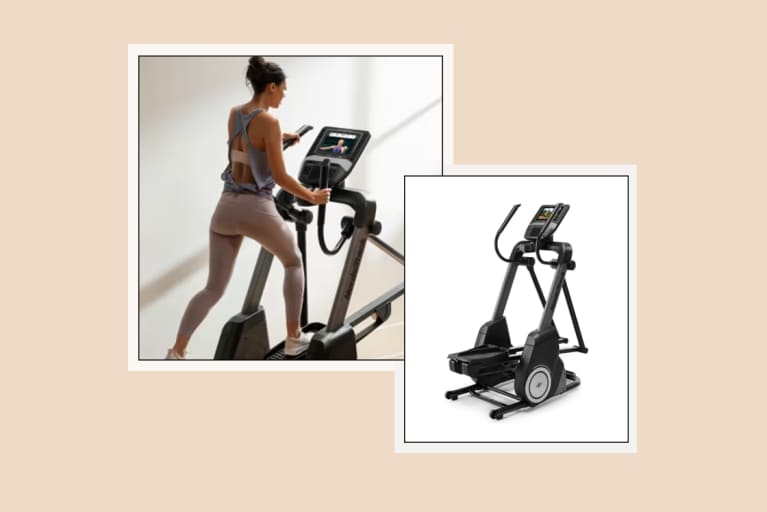 women on elliptical and a image of a elliptical on a white background, stacked next to each other on a larger cream background