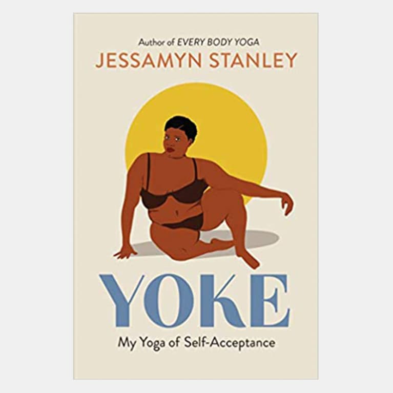 Book cover titled Yoke with an illustration of a Black woman in a bra and underwear sitting in front of a sun