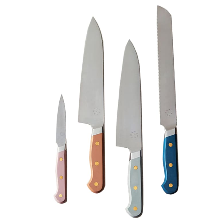set of four knives with colorful handles
