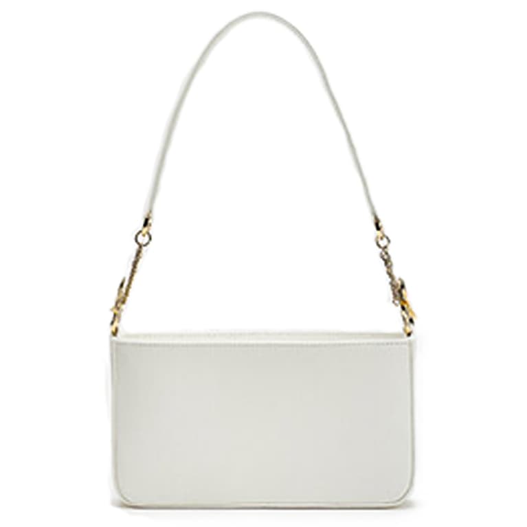 white purse with metal chain