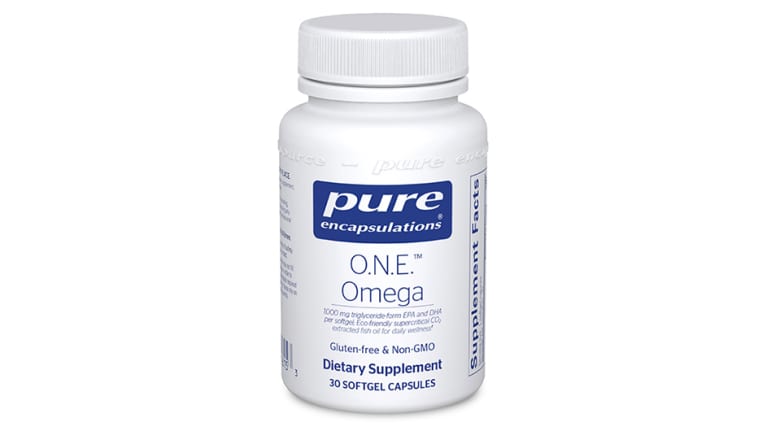 White supplement bottle with blue label for omega